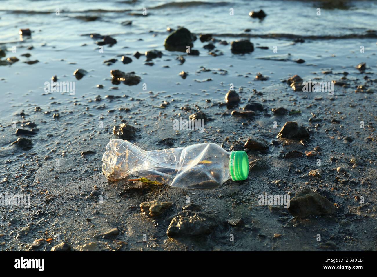 Benutzte Plastikflasche in der Nähe des Wassers am Strand. Umweltverschmutzung Stockfoto