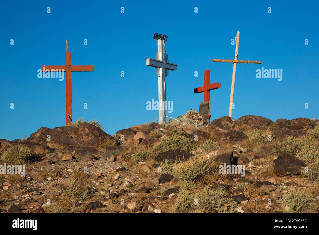 Der Schrein kreuzt den Tome Hill, den Tome Hill Park, den El Camino Real de Tierra Adentro National Historic Trail, New Mexico Stockfoto