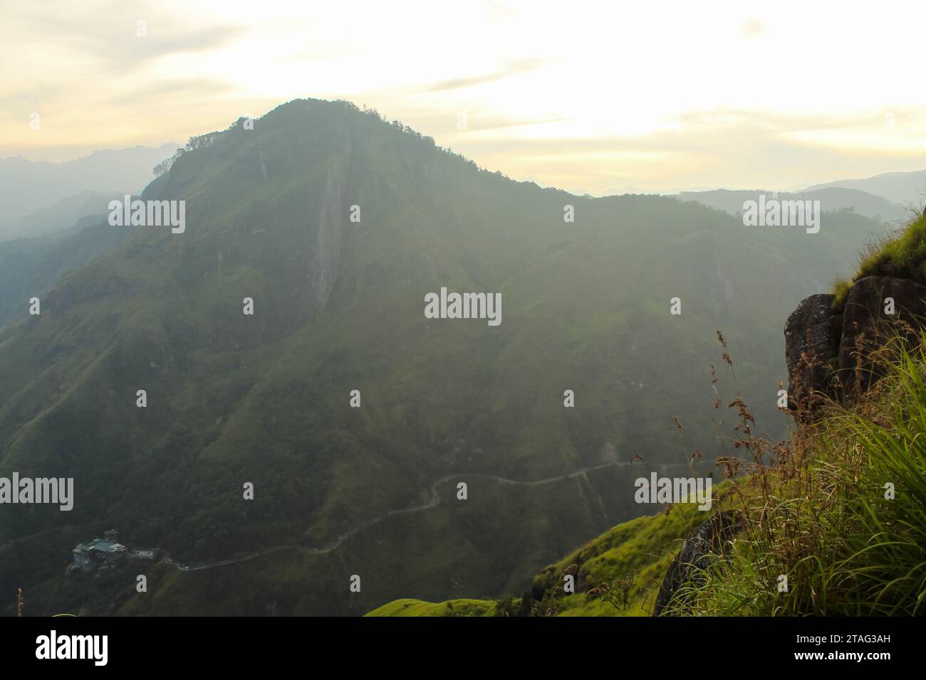 Üppiges grünes Gras auf dem felsigen Berg in der Nähe des Dorfes Ella. Auch als kleiner Adams Peak bezeichnet. Horizont mit Bergkette und bewölktem Himmel im Hintergrund. Stockfoto