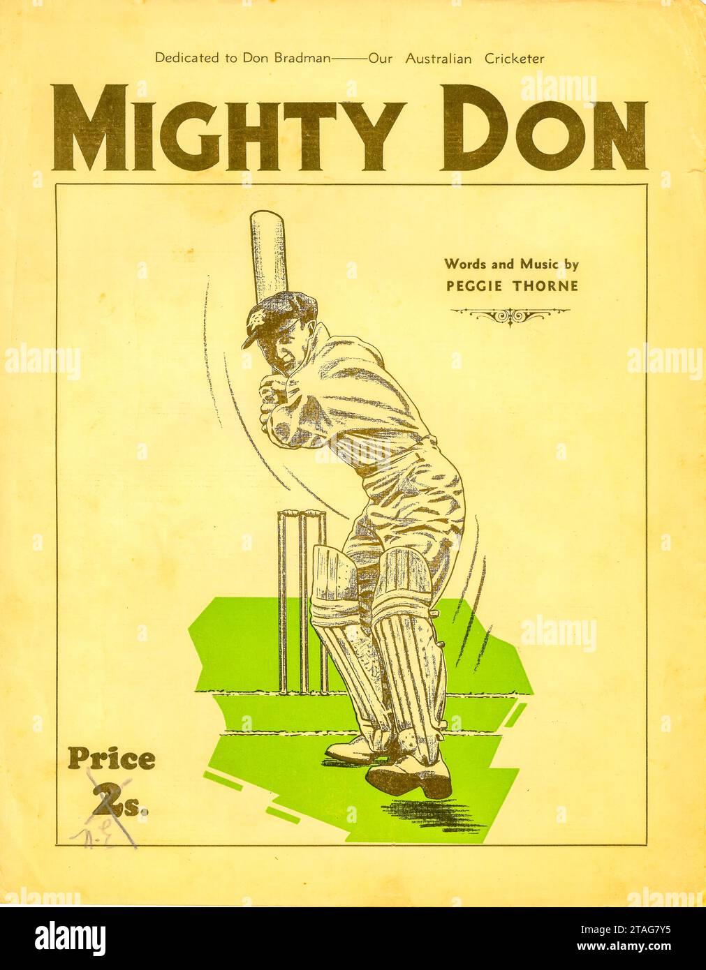 Das Cover einer Notenschrift Mighty Don, Words and Music von Peggie Thorne zwischen 1945 und 1950 in Sydney, Australien. Sir Donald Bradman (The Don) 1908-2001 wird als Australiens und möglicherweise der größte Schlagmann der Welt gefeiert, mit einer durchschnittlichen Punktzahl von 99,4. Stockfoto