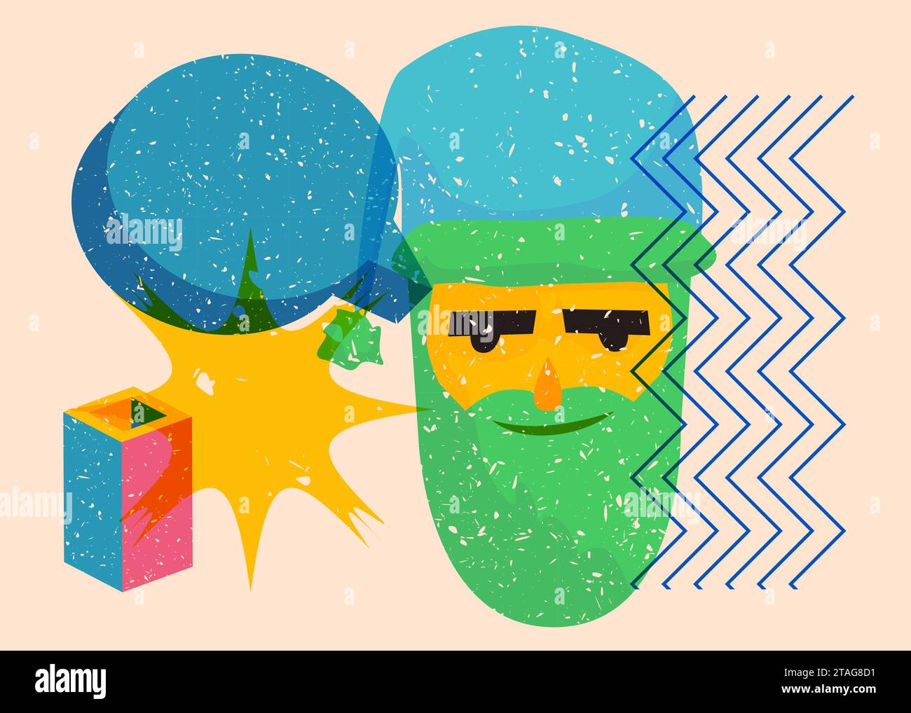 Risograph Santa Claus Kopf mit Sprechblase mit geometrischen Formen. Objekte in trendigem Riso-Grafik-Design mit Texturelementen. Stock Vektor