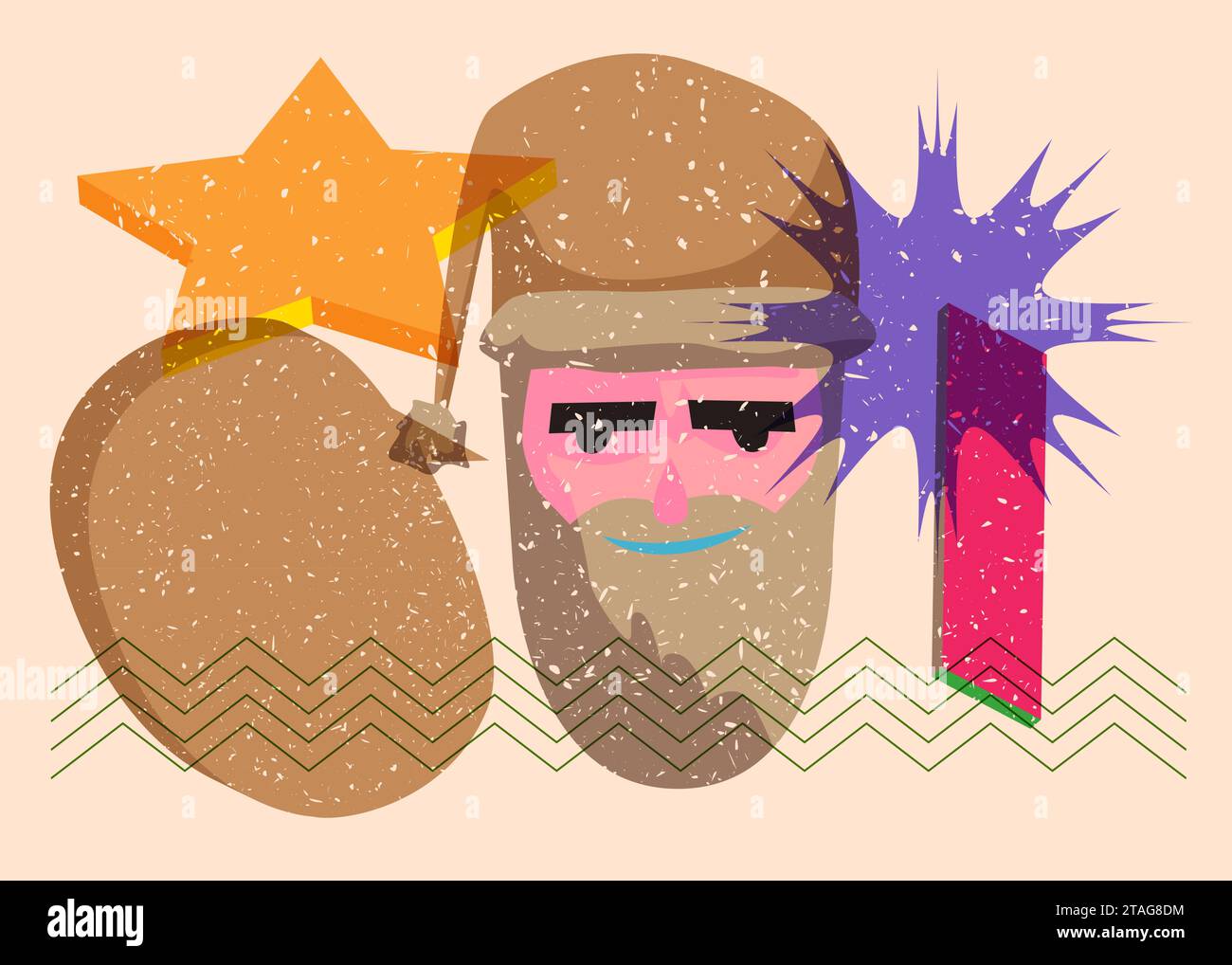 Risograph Santa Claus Kopf mit Sprechblase mit geometrischen Formen. Objekte in trendigem Riso-Grafik-Design mit Texturelementen. Stock Vektor