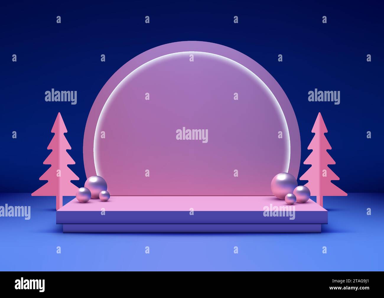 Weihnachtliche festliche 3D realistische blaue Farbpodium und kreisrunde Neonlicht Dekoration mit Kiefer und vielen Kugeln auf blauem Wandhintergrund. Weihnachtsfeier Stock Vektor