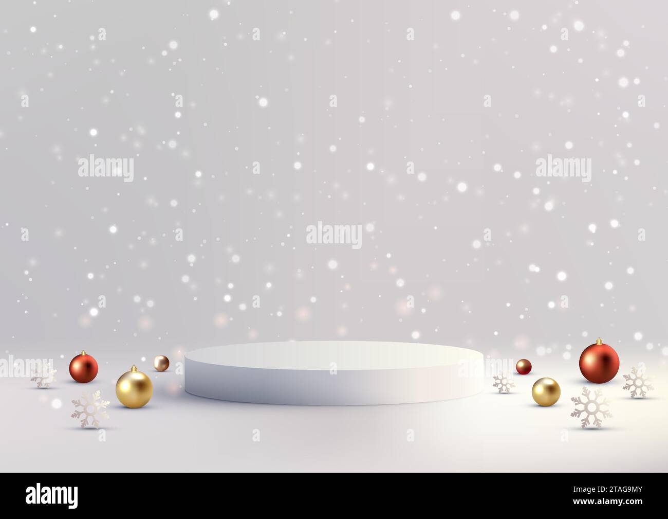 Weihnachtliche festliche 3D realistische weiße Farbe Podium Dekoration mit Gold und Rot viele Kugeln auf weißem Wandhintergrund mit Schneefall. Weihnachtsfeiertag c Stock Vektor