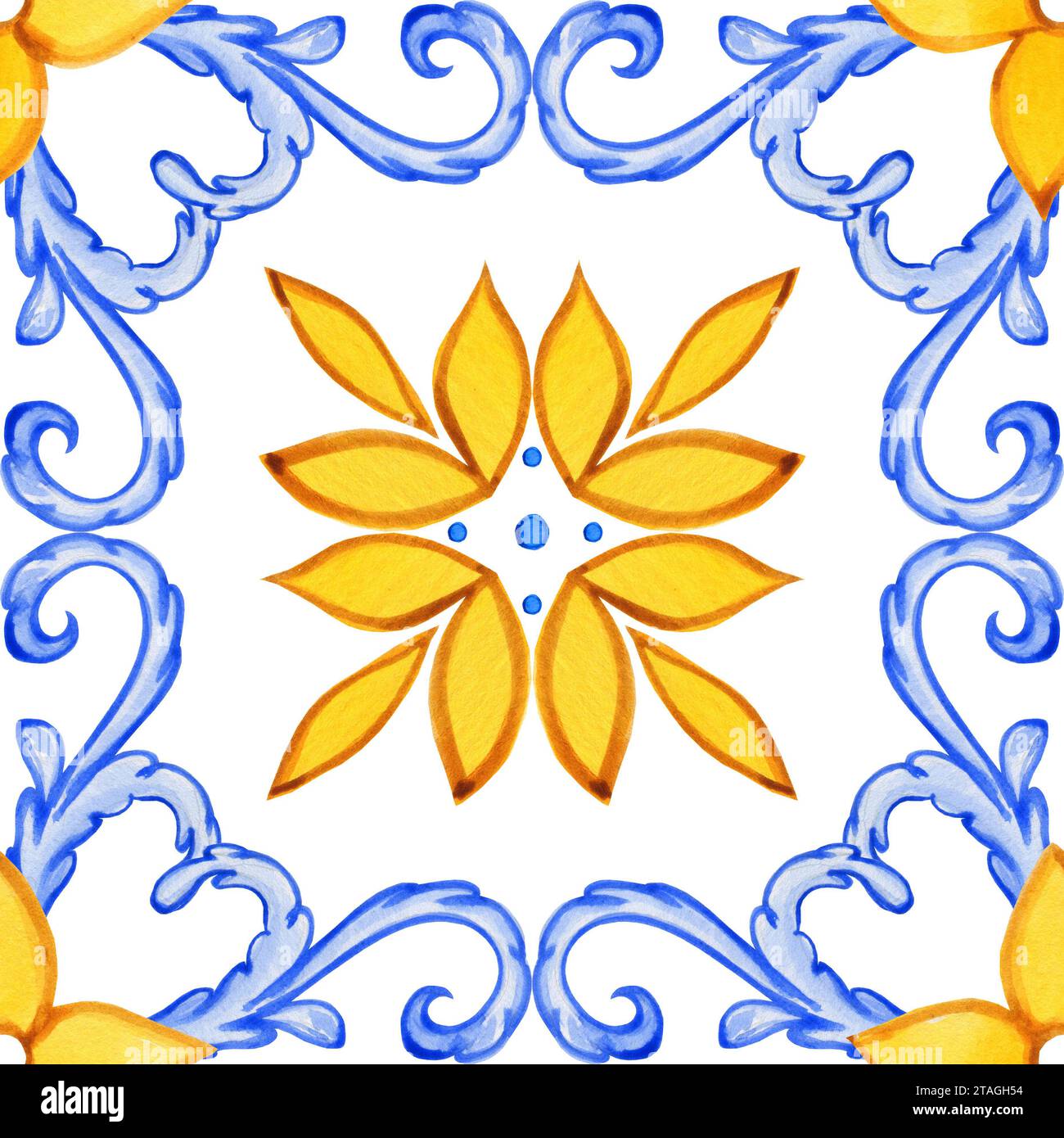 Majolika Aquarell Nahtloses Muster. Sizilianische handgezeichnete Ornament. Traditionelle blaue und gelbe Keramikfliesen. Traditionelles portugiesisches Azulejo-Muster. Stockfoto