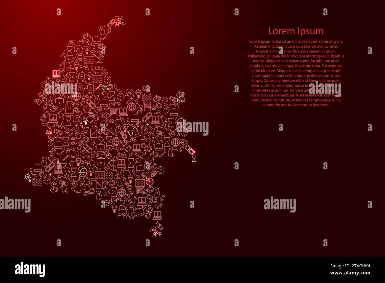 Kolumbien Karte von roten und leuchtenden Sternen Symbole Mustersatz SEO Analyse Konzept oder Entwicklung, Geschäft. Vektorabbildung. Stock Vektor
