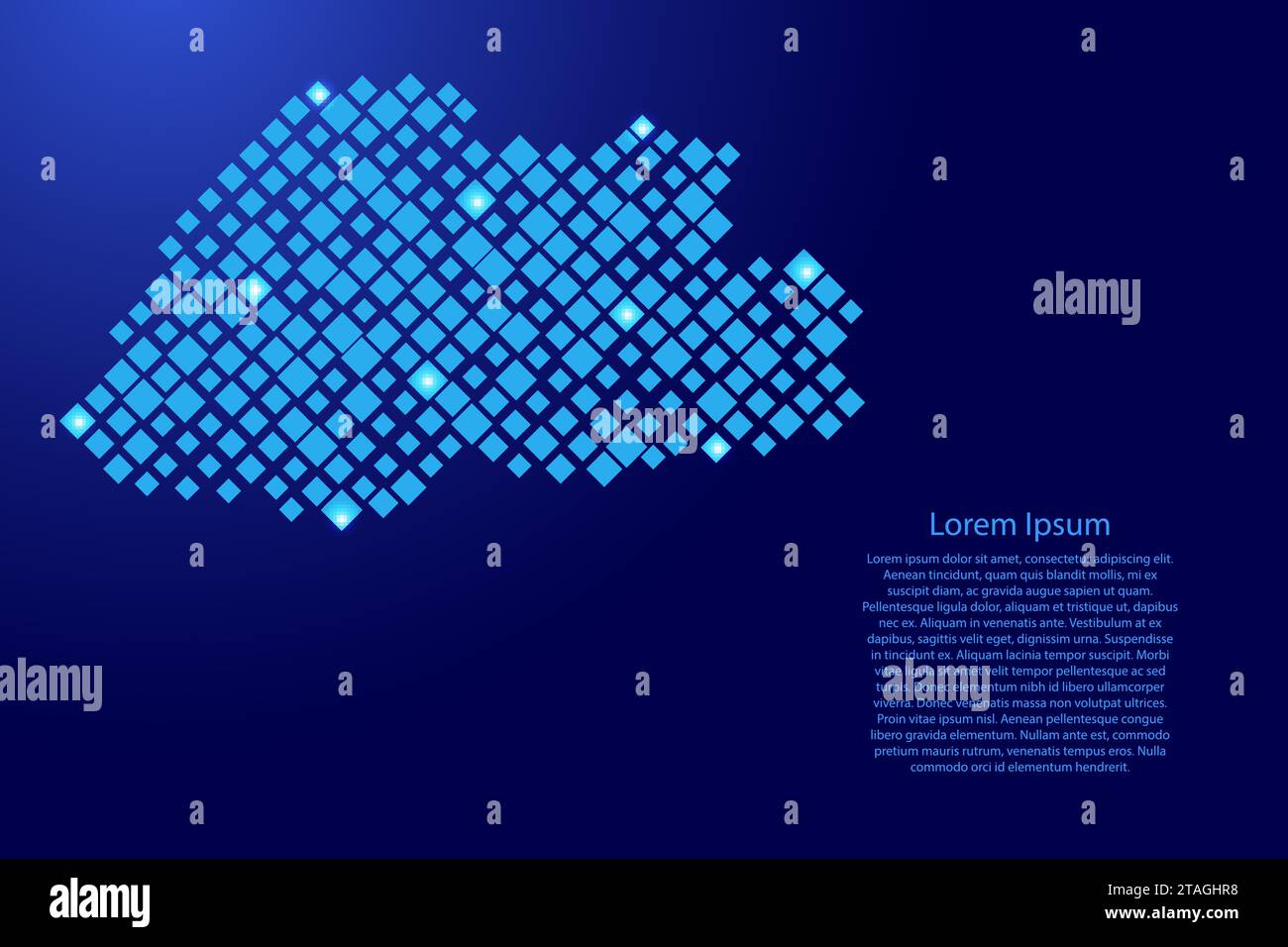 Bhutanische Karte aus blauen Rauten unterschiedlicher Größe und leuchtendem Sternenraster. Vektorabbildung. Stock Vektor