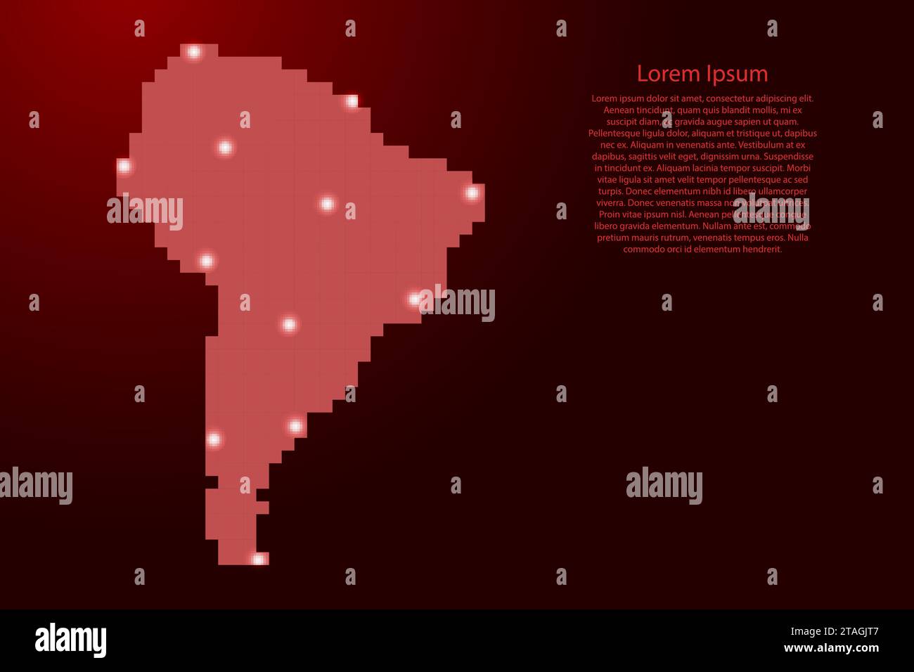 Südamerika Kartensilhouette aus roten quadratischen Pixeln und leuchtenden Sternen. Vektorabbildung. Stock Vektor