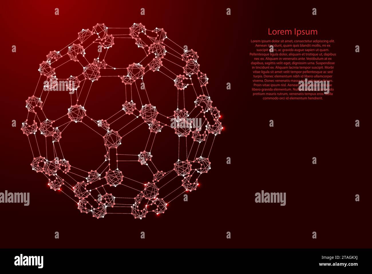 Fullerene, eine molekulare Verbindung, Struktur aus Kohlenstoffatomen, aus futuristischen polygonalen roten Linien und leuchtenden Sternen für Banner, Poster, Grußkarte. Stock Vektor