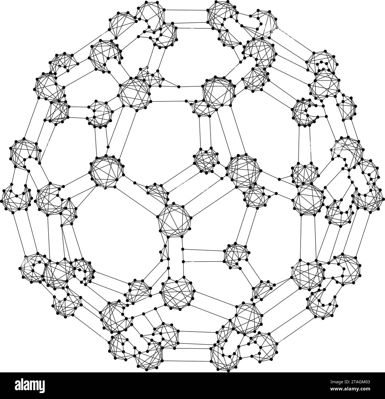 Fulleren, eine molekulare Verbindung, Struktur aus Kohlenstoffatomen, aus abstrakten futuristischen polygonalen schwarzen Linien und Punkten. Vektorabbildung. Stock Vektor