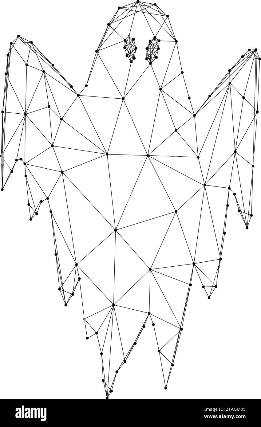 Stoffgeist, fliegendes Phantom, Halloween-Weihnachtsmonster, aus abstrakten futuristischen polygonalen schwarzen Linien und Punkten. Vektorabbildung. Stock Vektor