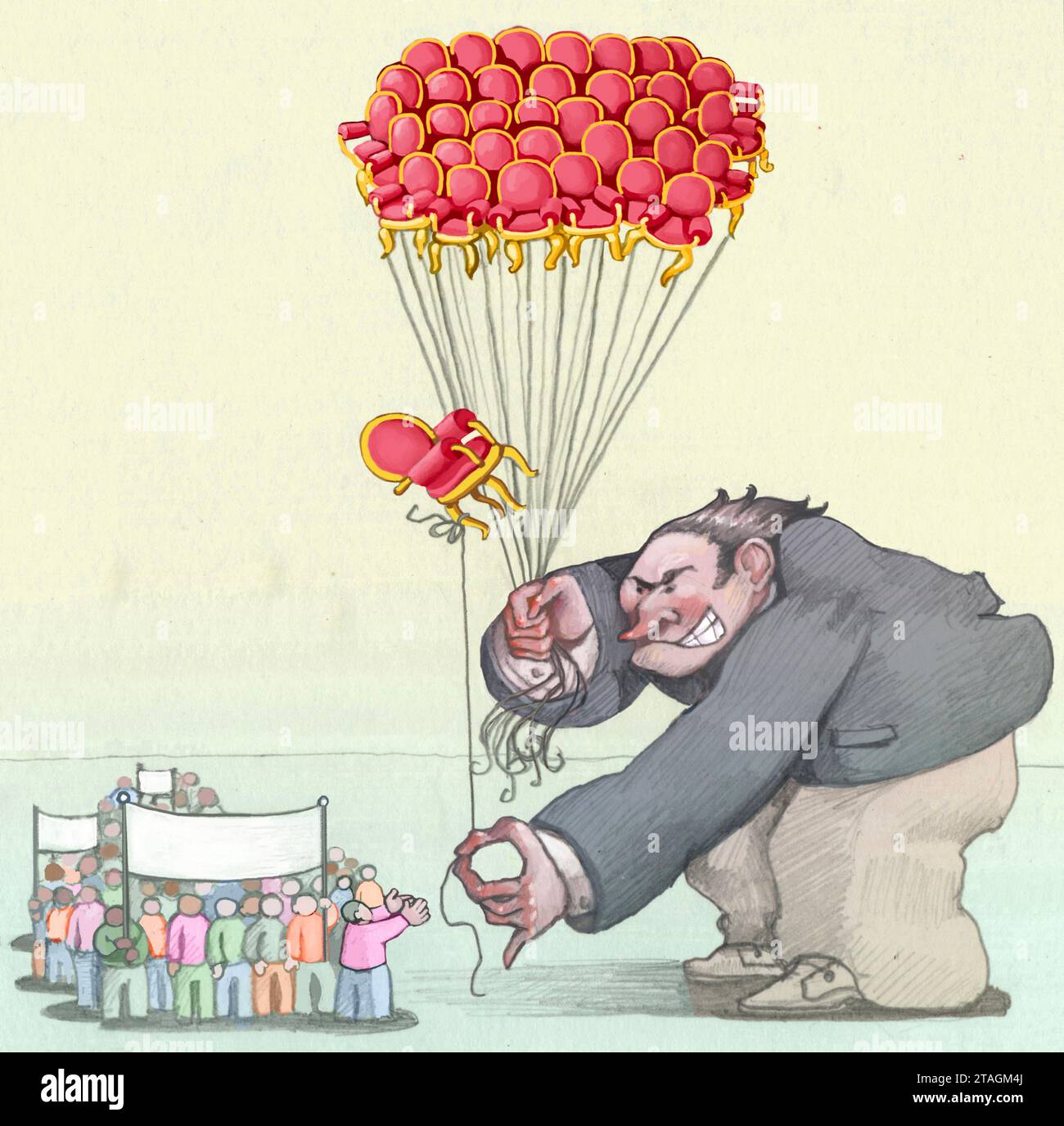 Ein riesiger Mann, der als reicher Mann verkleidet ist, hält viele politische Sitze wie Ballons und bietet einen zu einer Prozession winziger Männer an, eine Metapher für Elekti Stockfoto