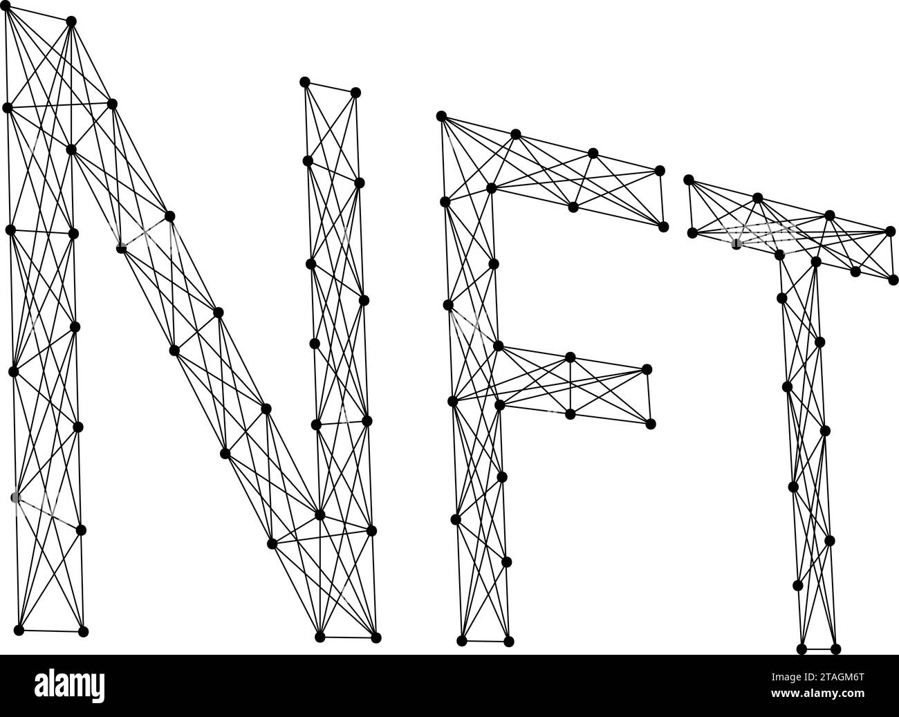 NFT-Symbol, nicht fungibles Token, perspektivische Buchstaben, aus abstrakten futuristischen polygonalen schwarzen Linien und Punkten. Low Poly-Konzept. Vektorabbildung. Stock Vektor