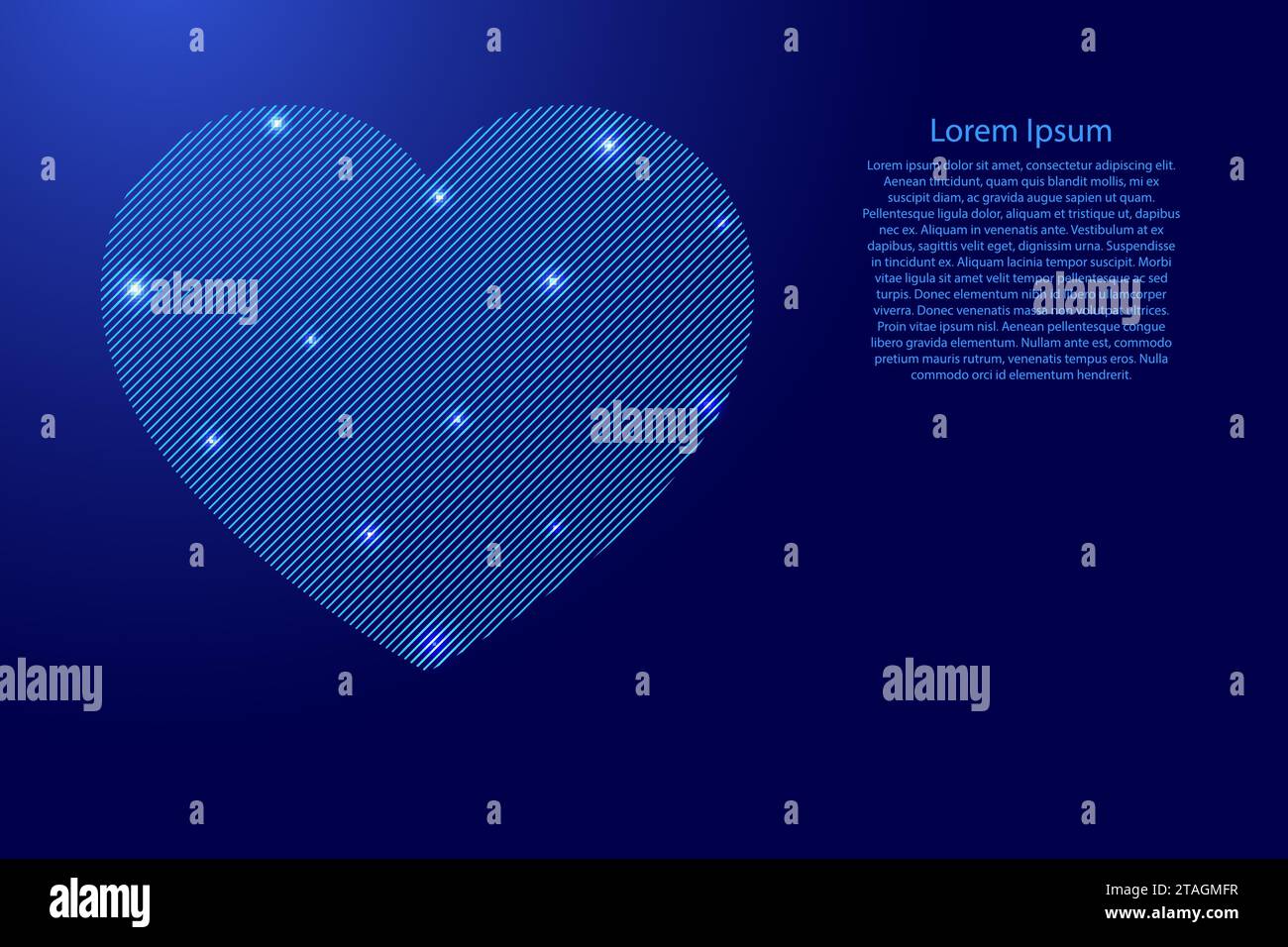 Herz ist ein Symbol der Liebe zum Valentinstag mit blauen schrägen parallelen Linien und leuchtenden Sternenrastern. Vektorabbildung. Stock Vektor
