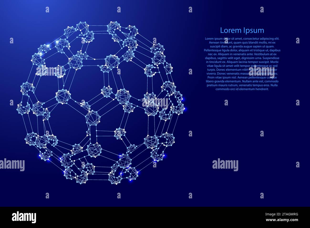 Fullerene, eine molekulare Verbindung, Struktur aus Kohlenstoffatomen, aus futuristischen polygonalen blauen Linien und leuchtenden Sternen für Banner, Poster, Grußkarte Stock Vektor