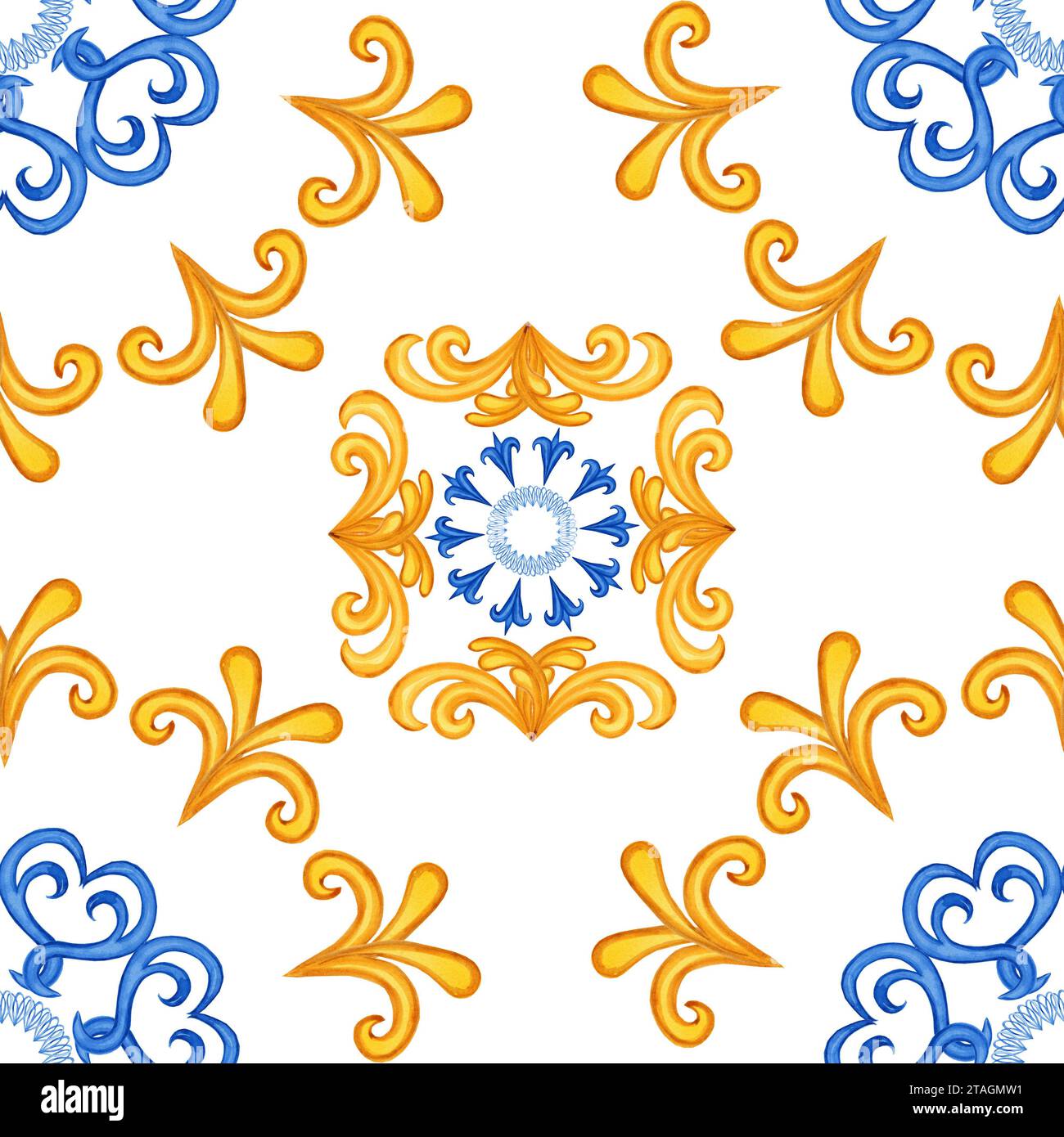Majolika Aquarell Nahtloses Muster. Sizilianische handgezeichnete Ornament. Traditionelle blaue und gelbe Keramikfliesen. Traditionelles portugiesisches Azulejo-Muster. Stockfoto