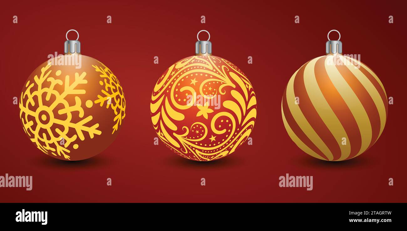 Set glänzender, goldener Weihnachtskugeln. Exklusives Konzept, handgezeichnete und hochgradig gerenderte Arbeiten für das kommende Weihnachten. Stock Vektor