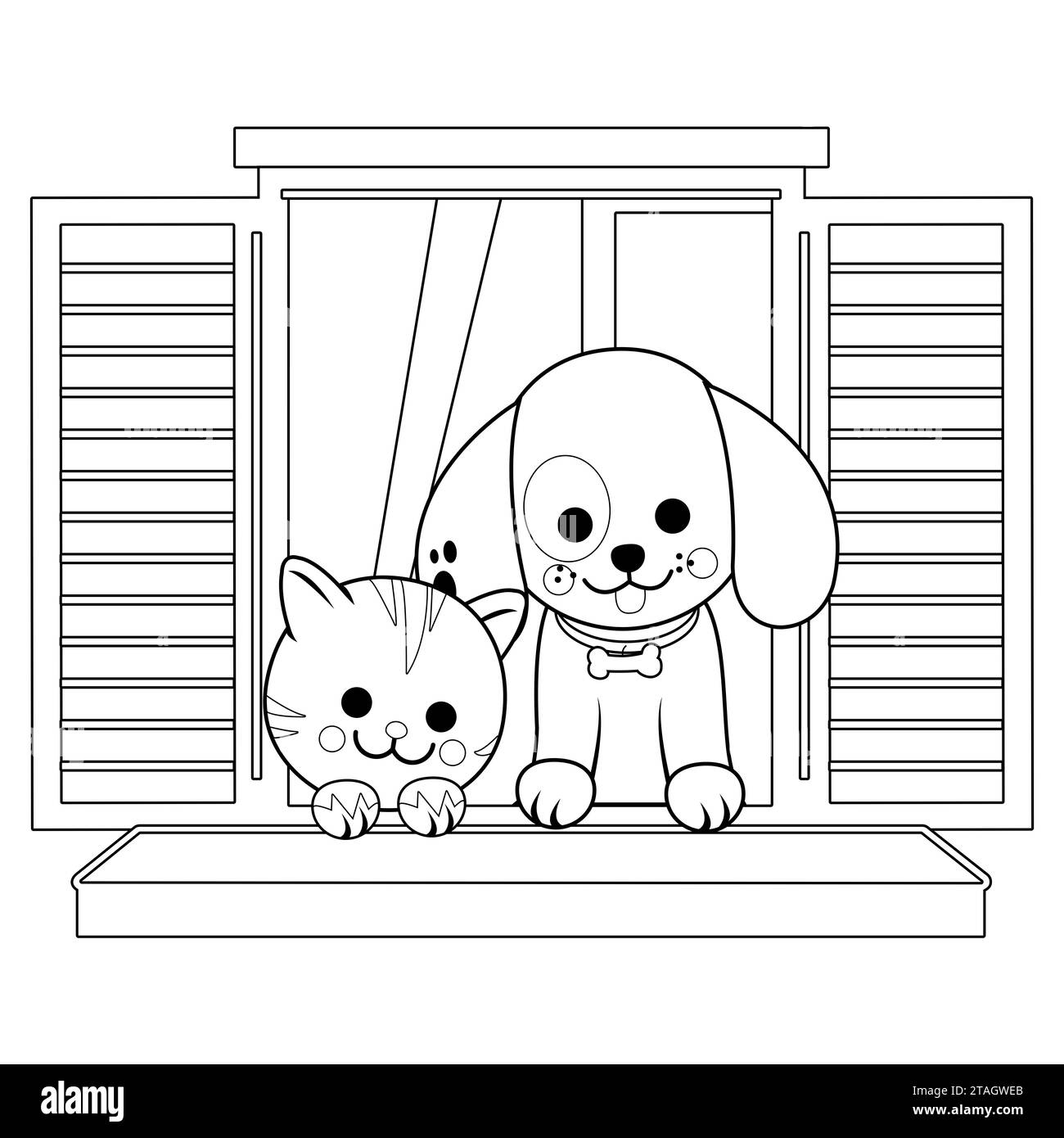 Katze und Hund sitzen auf einer Fensterbank. Haustiere, die zu Hause aus dem Fenster schauen. Schwarzweiß-Ausmalseite Stockfoto