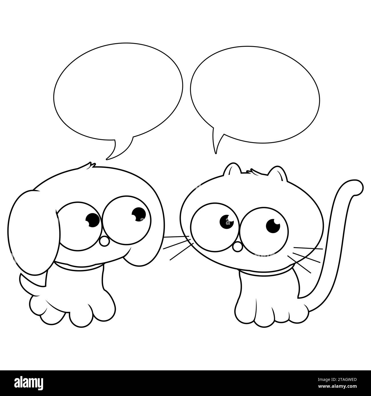 Cartoon-Haustiere, eine Katze und ein Hund. Süßes Kätzchen und Hündchen, die reden, bellen oder miauen. Leerer Sprechballon zum Hinzufügen von Text. Schwarzweiß-Ausmalseite Stockfoto