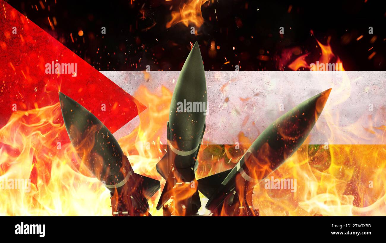 Palästinensische Flagge und Raketenwaffen mit Funken, Konzept. Krieg in Palästina und im Gazastreifen. Hamas-Terroristen Stockfoto