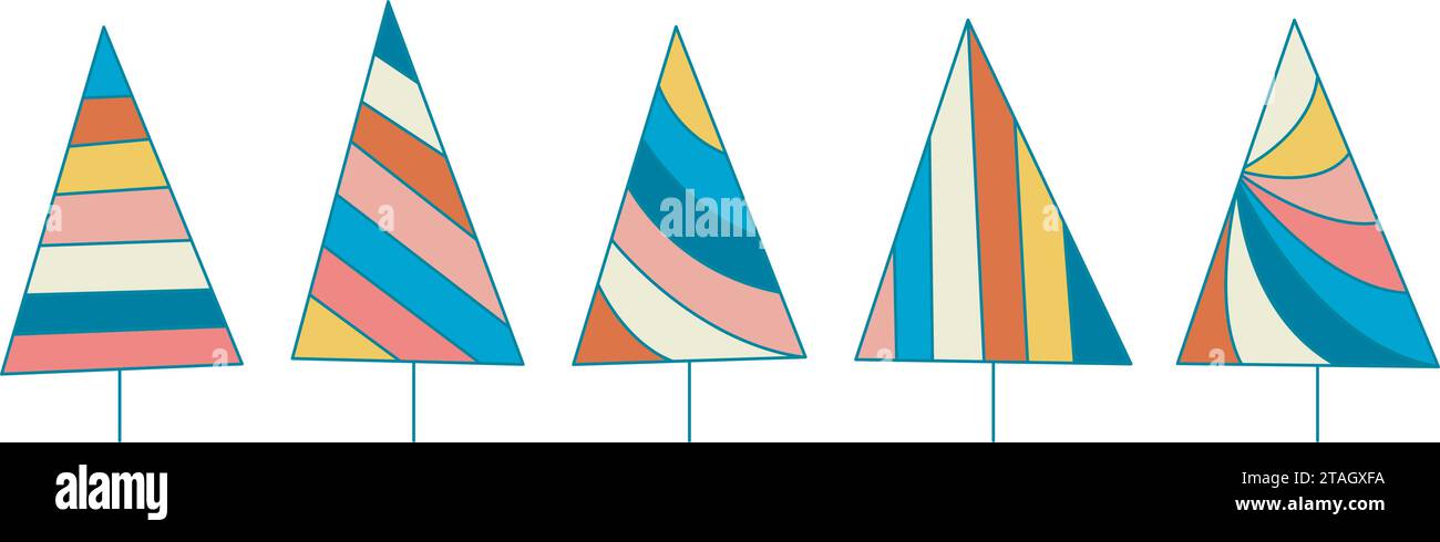 Kreatives Weihnachtsset aus Fichtenholz. Geometrisch gefärbte Neujahrsbäume. Einfacher festlicher Tannenbaum, isolierte Vektor-Illustration Stock Vektor