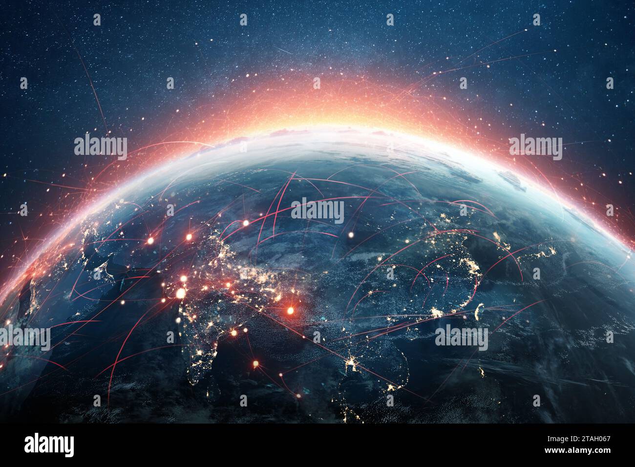 Wunderschöner blauer Planet Erde mit hellroten Kommunikationslinien, kreative Idee. Übertragung und Datenübertragung, Konzept. Reise. Technologie und KOM Stockfoto
