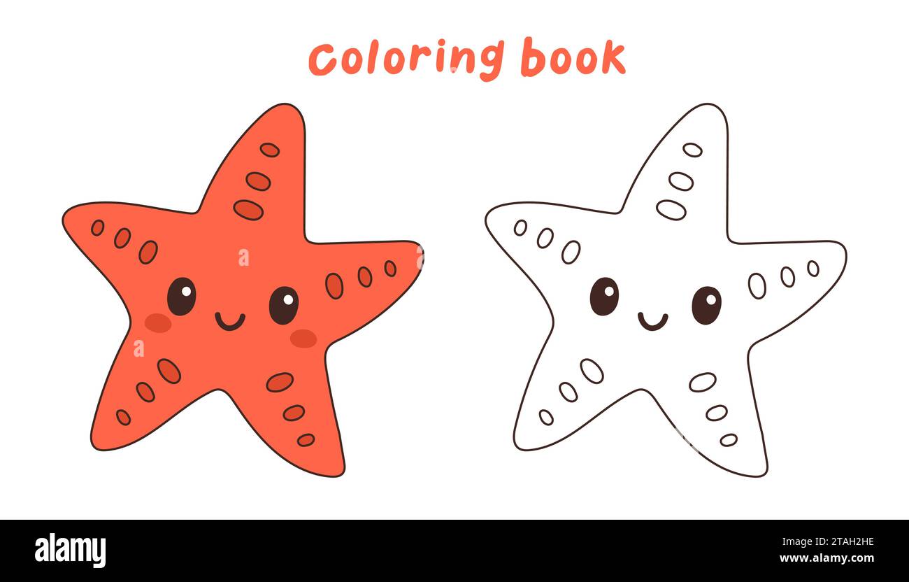 Niedliche rote Seestern-Vektor-Illustration unter Wasser, Meeresleben Malbuch oder Malseite Stock Vektor