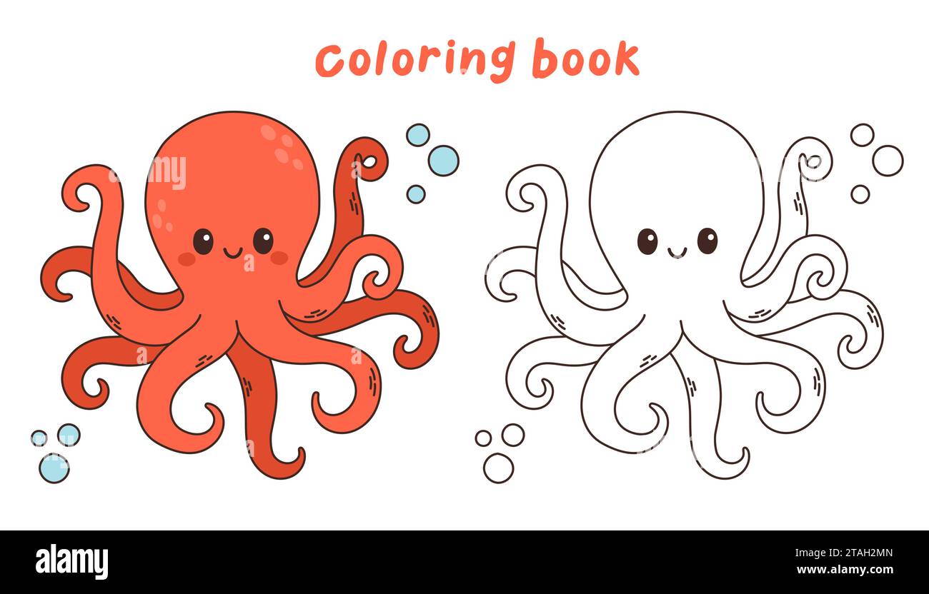 Niedliche rote Tintenfisch-Vektor-Illustration unter Wasser, Meeresleben Malbuch oder Malseite Stock Vektor