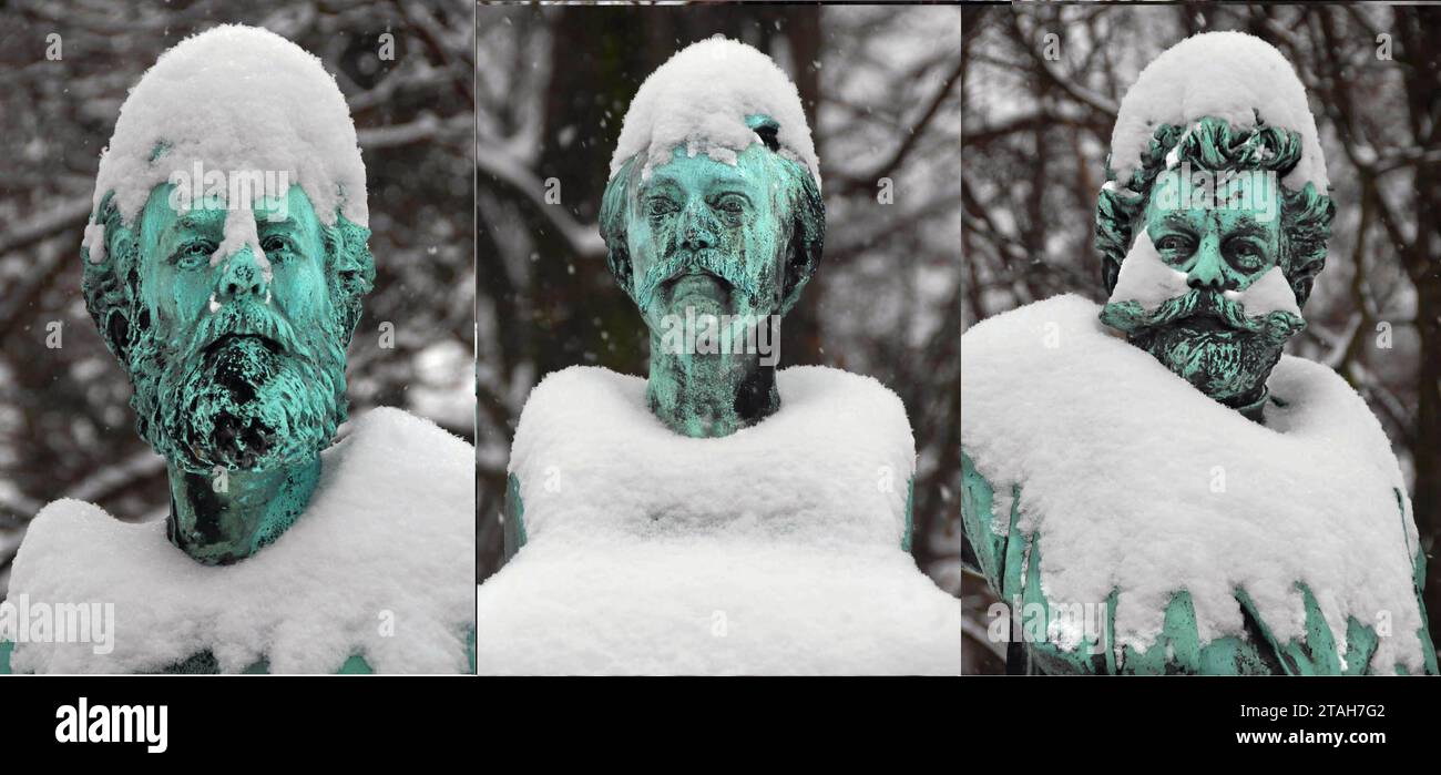 Winter, Schnee, Eis, Frost, Schneemann, Berühmte Schneemänner, ihr Denkmal in München: 1. Georg Arthur von Ramberg, 1819-1875, Maler und Professor der Münchner Kunstakademie, Büste am Grab Alter Südfriedhof München 2. Gisbert Flüggen, 1811-1859, einer der populärste Münchner Maler seiner Zeit, Büste am Grab Alter Südfriedhof München 3. Martin Schleich, 1827-1881, Schriftsteller, Dramaturg, Büste am Grab Alter Südfriedhof München *** Winter, Schnee, Eis, Frost, Schneemann, berühmte Schneemänner, ihre Gedenkstätte in München 1 Georg Arthur von Ramberg, 1819 1875, Maler und Professor an der Münchner Kunstakademie Stockfoto