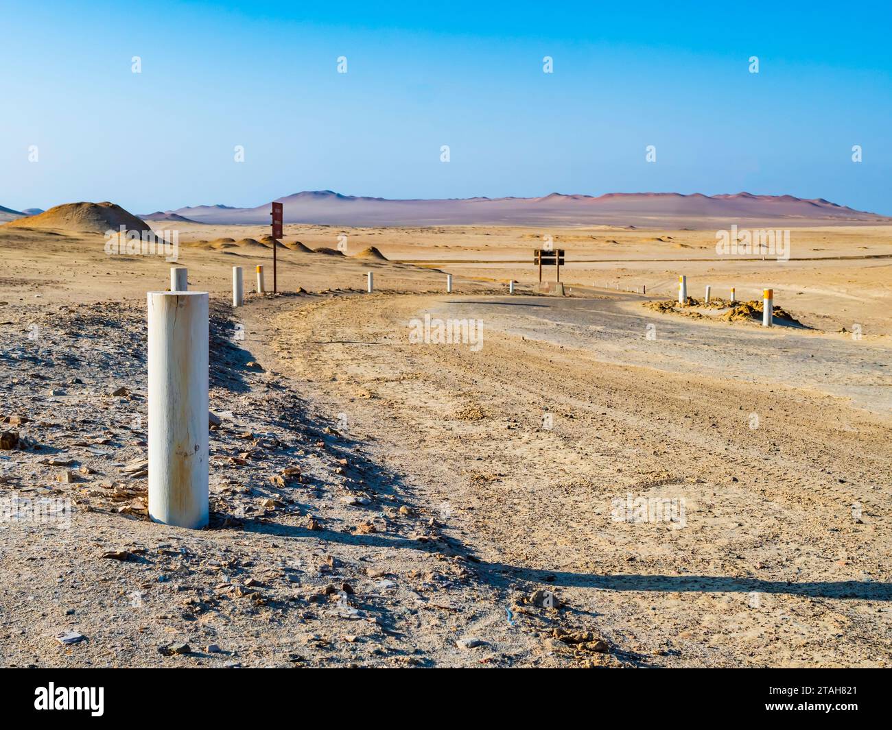 Atemberaubende, mit weißen Pfählen markierte unbefestigte Straße, die durch die Wüste im Paracas National Reserve, Peru, führt Stockfoto