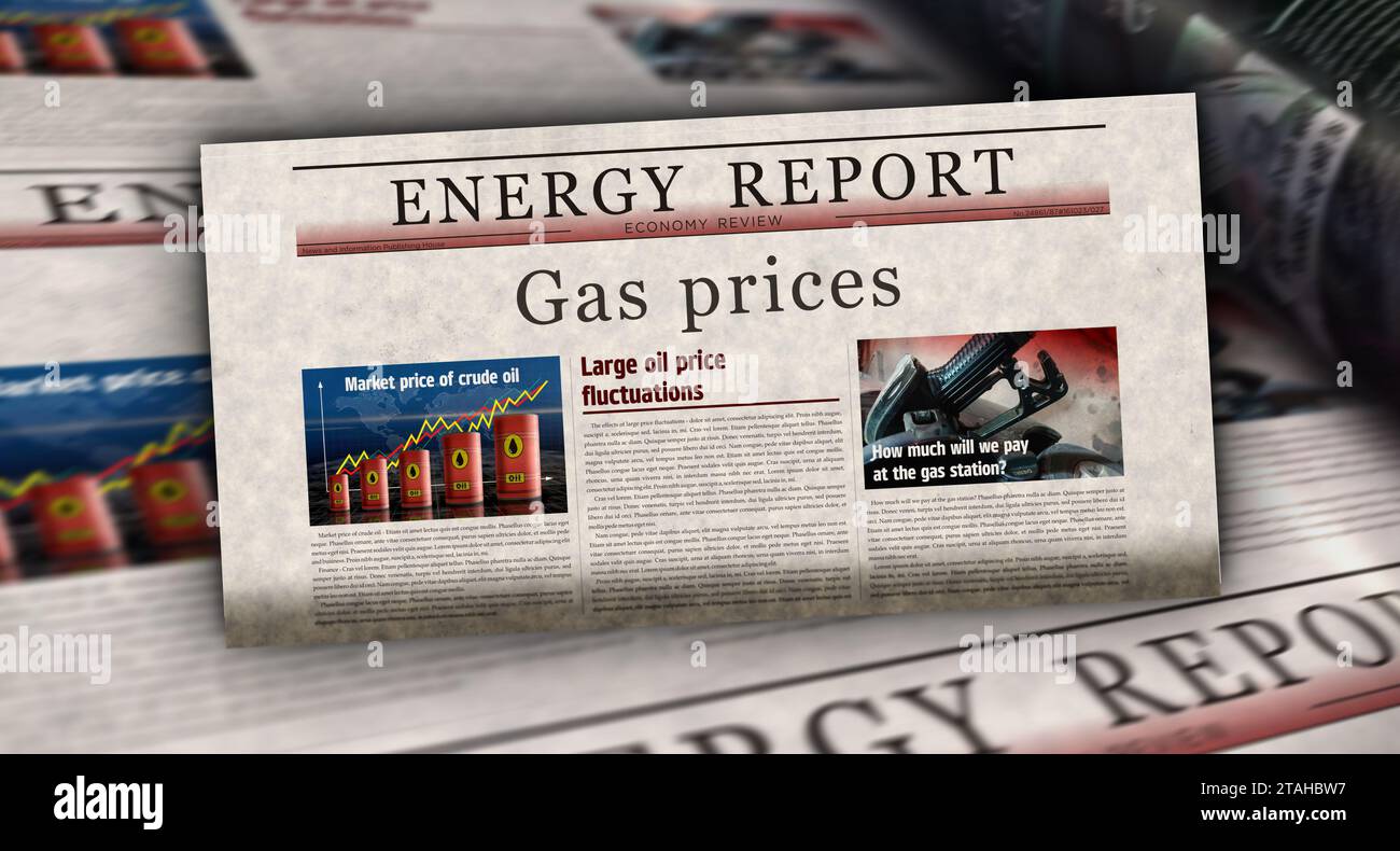 Gaspreise Energiemarkt und Brennstoffgeschäft Vintage-Nachrichten und Zeitungsdruck. Abstraktes Konzept Retro-Schlagzeilen 3D-Illustration. Stockfoto