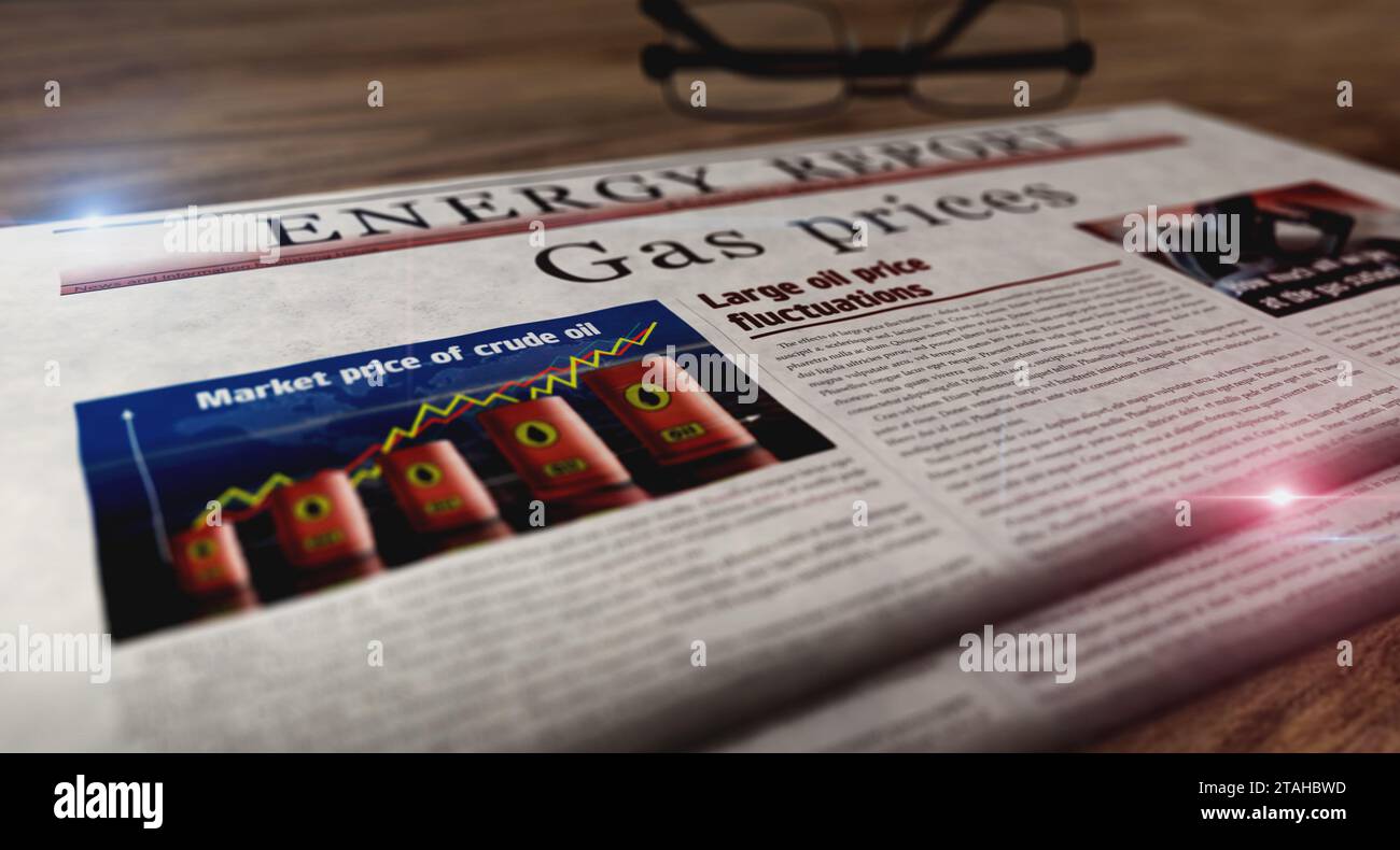 Gaspreise Energiemarkt und Treibstoffgeschäft Tageszeitung auf dem Tisch. Schlagzeilen Nachrichten abstraktes Konzept 3D Illustration. Stockfoto