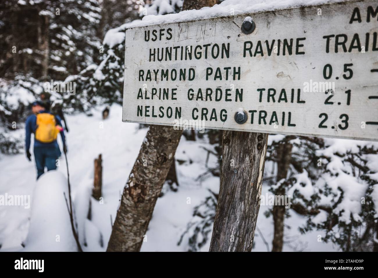 Wanderer gehen vorbei an Wanderschildern in Tuckerman Ravine, Winter, New Hampshire Stockfoto