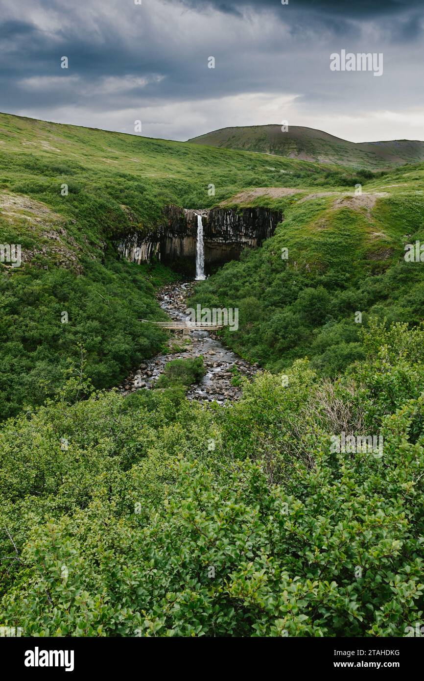 Wasserfall mit Basaltsäulen in der Mitte des Bergrasfeldes Stockfoto