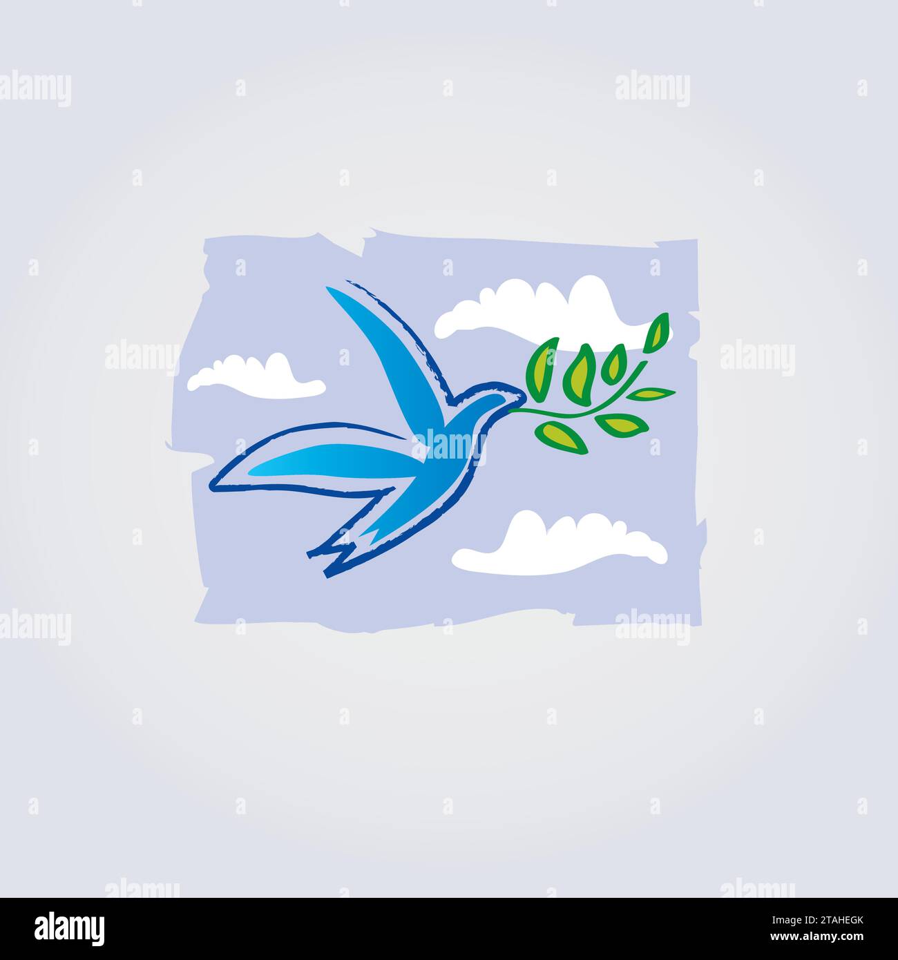 Bird Dove Peace Icon Logo Design - Natur, Wolkenhimmel und Friedenszeichen, Blau und weiß Farben Stock Vektor
