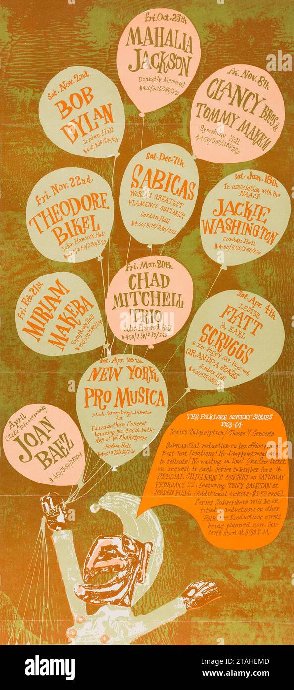 Bob Dylan 1963 Boston, MA Folklore Series Concert Poster feat Mahalia Jackson, Sabicas, Jackie Washington, Joan Baez, Miriam Makeba Stockfoto