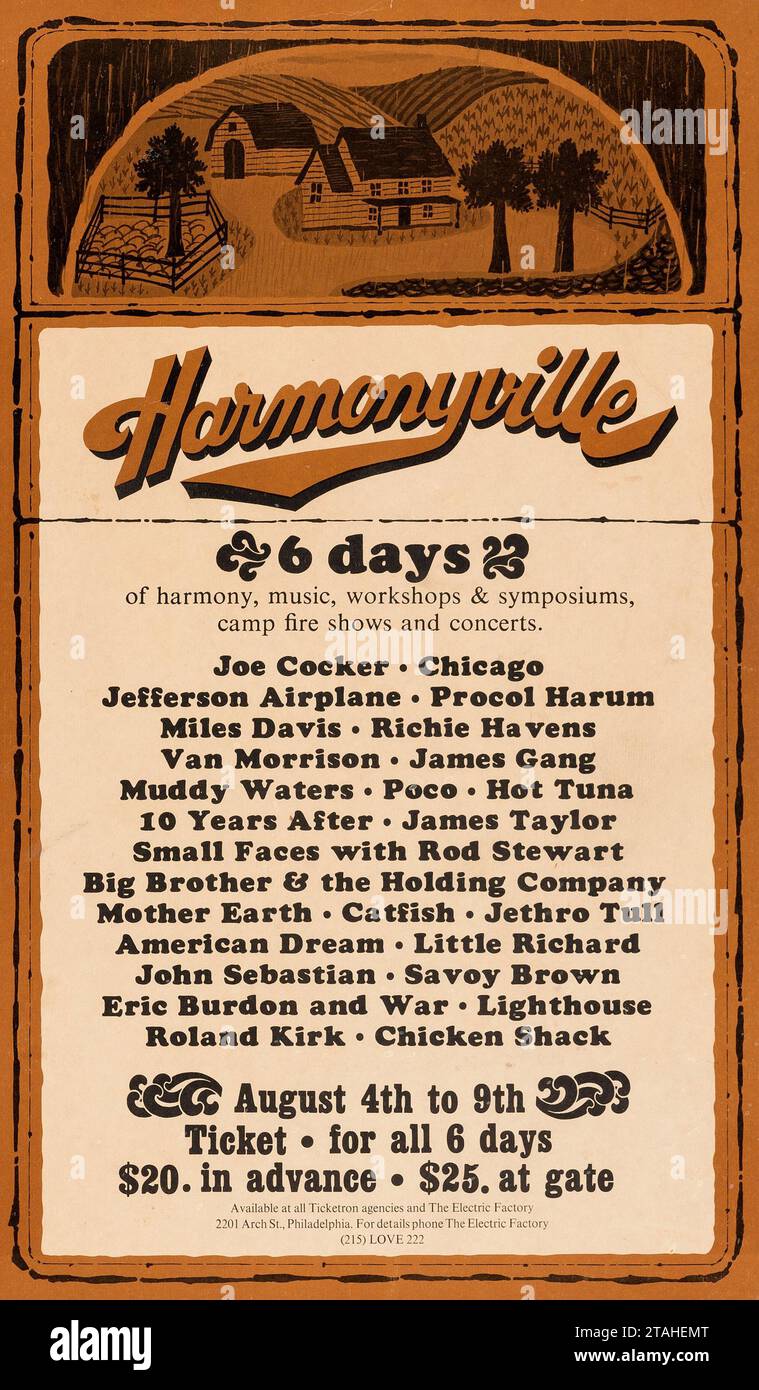 Harmonyville Festival 1970 - 6 Tage Harmonie, Musik, Workshops - Jefferson Airplane, Jethro Tull, Procol Harum, Miles Davis, Van Morrison, Rod Stewart, Little Richard - Vintage-Konzertposter Stockfoto