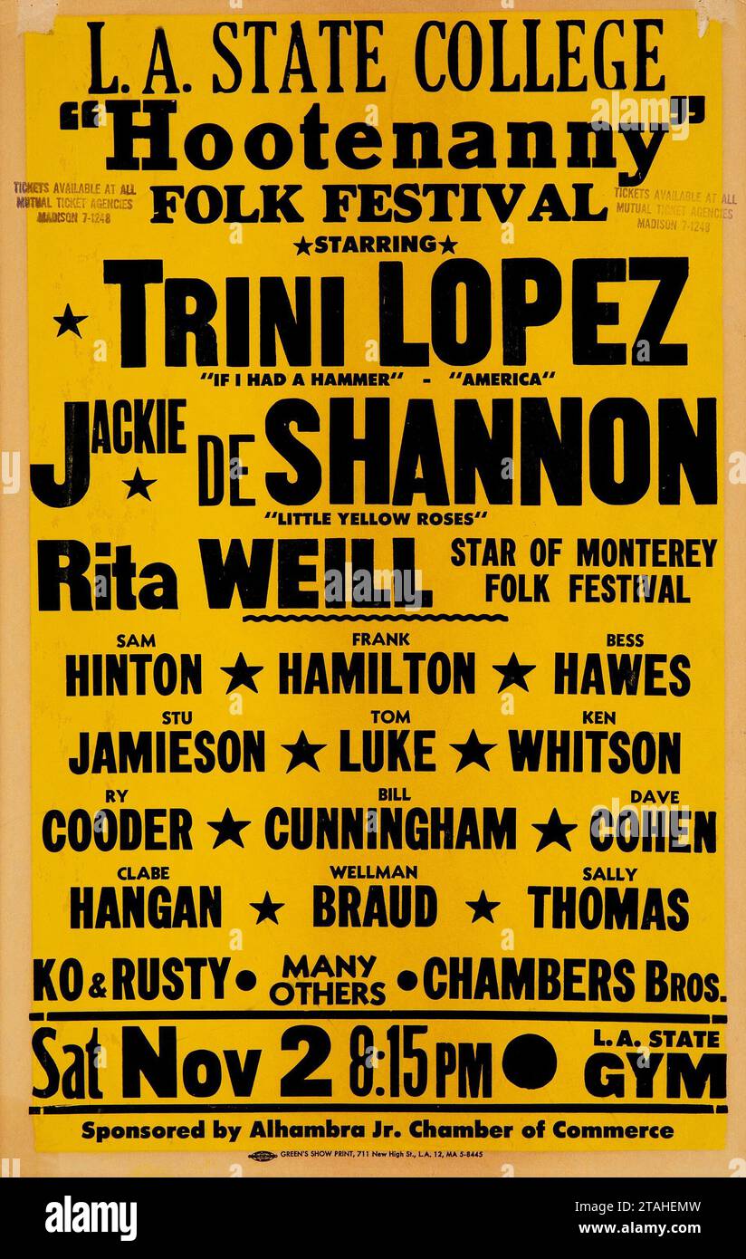 Hootenanny Folk Festival - Jackie DeShannon, Ry Cooder 1963 Los Angeles Folk Festival Concert Poster - LA State College Stockfoto
