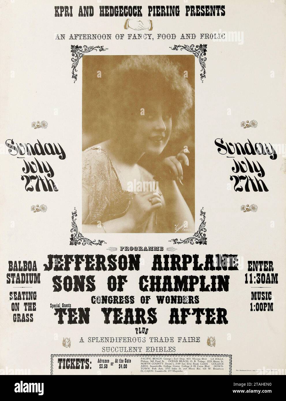 Jefferson Airplane - Sons of Champlin, Ten Years After 1969 - Balboa Stadium, San Diego, Vintage California, Nachmittagskonzert Poster Stockfoto