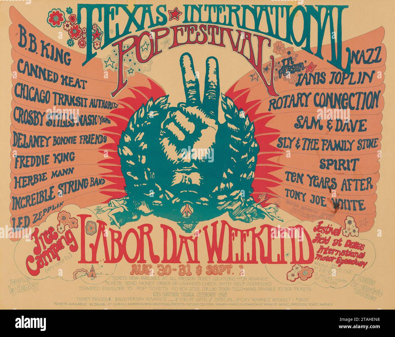 Texas International Pop Festival Concert Poster (1969) BB King, Canned Heat, LED Zeppelin, Janis Joplin, Ten Years After, Crosby Stills Nash Stockfoto