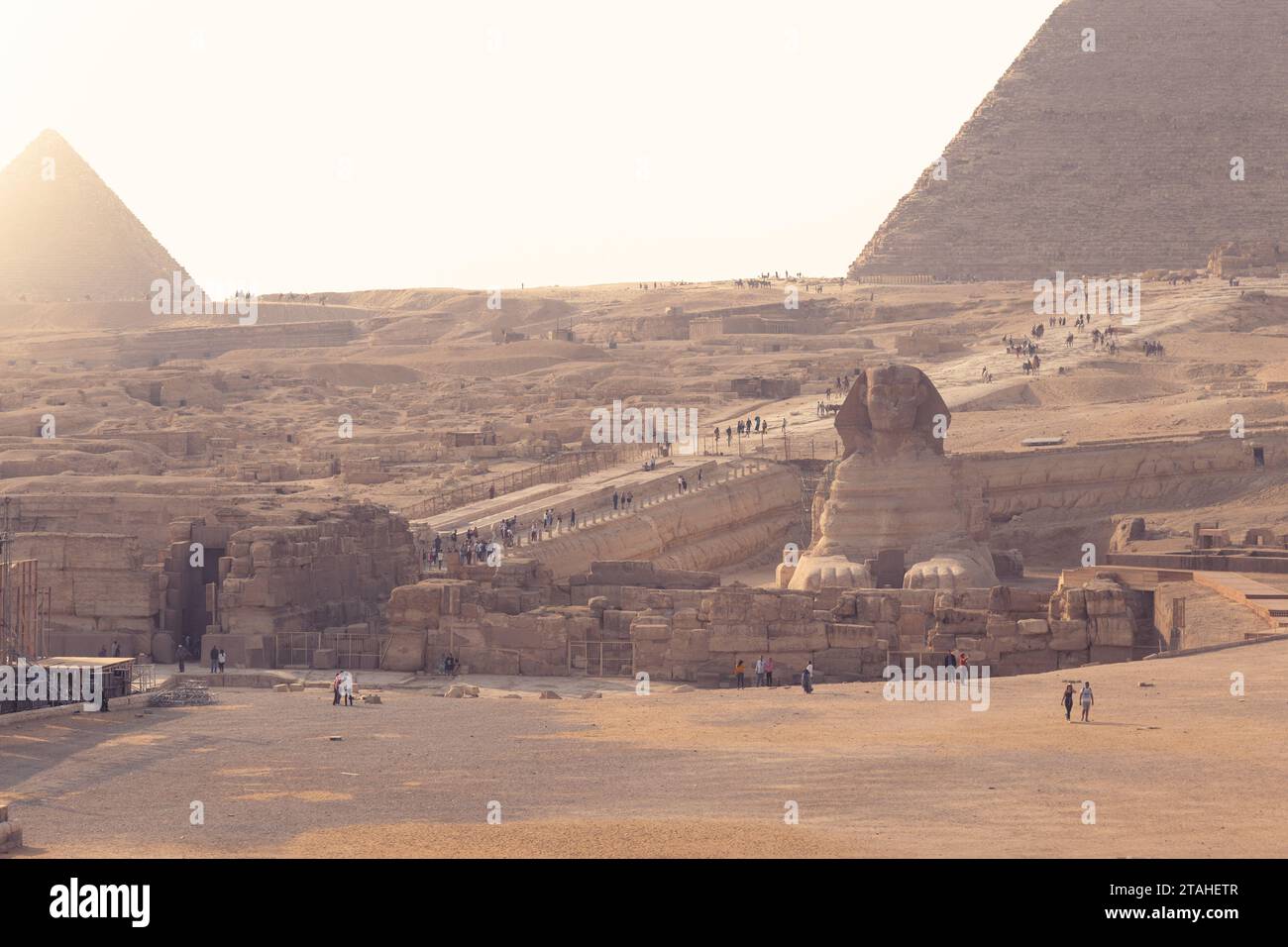 Touristen, die durch die große Sphinx von Gyza und die Pyramiden laufen Stockfoto