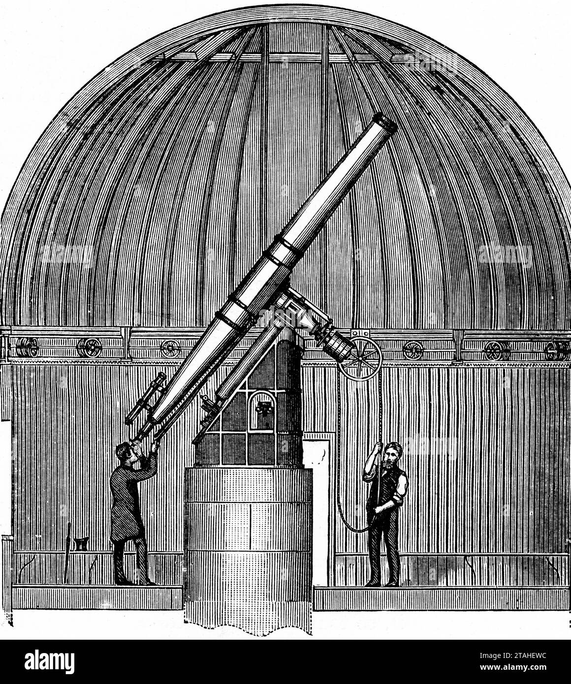 Ein Teil der Kuppel des Dunsink Observatory, Irland, 1889. Eine Ansicht, die den South Dome und das South Telescope zeigt. Das South Telescope, ein 12-Zoll-Grubb-Instrument, ist ein Refraktionsteleskop, das von Thomas Grubb aus Dublin gebaut und 1868 fertiggestellt wurde. Stockfoto