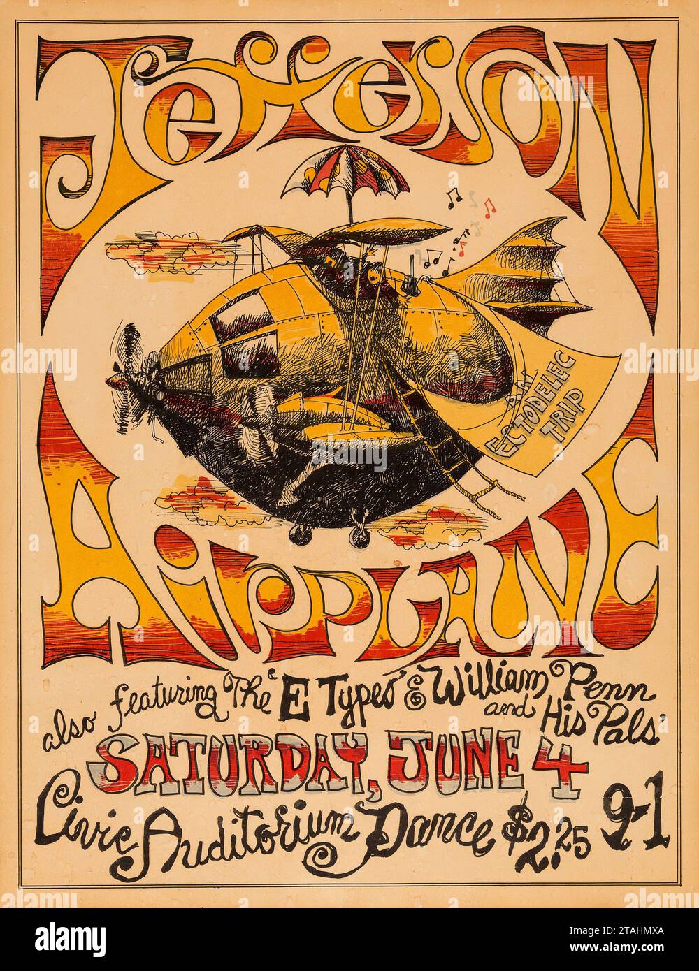 Jefferson Airplane 1966 Vintage Konzert Poster - San Jose Civic Auditorium feat E Types und William Penn und seine Pals Stockfoto