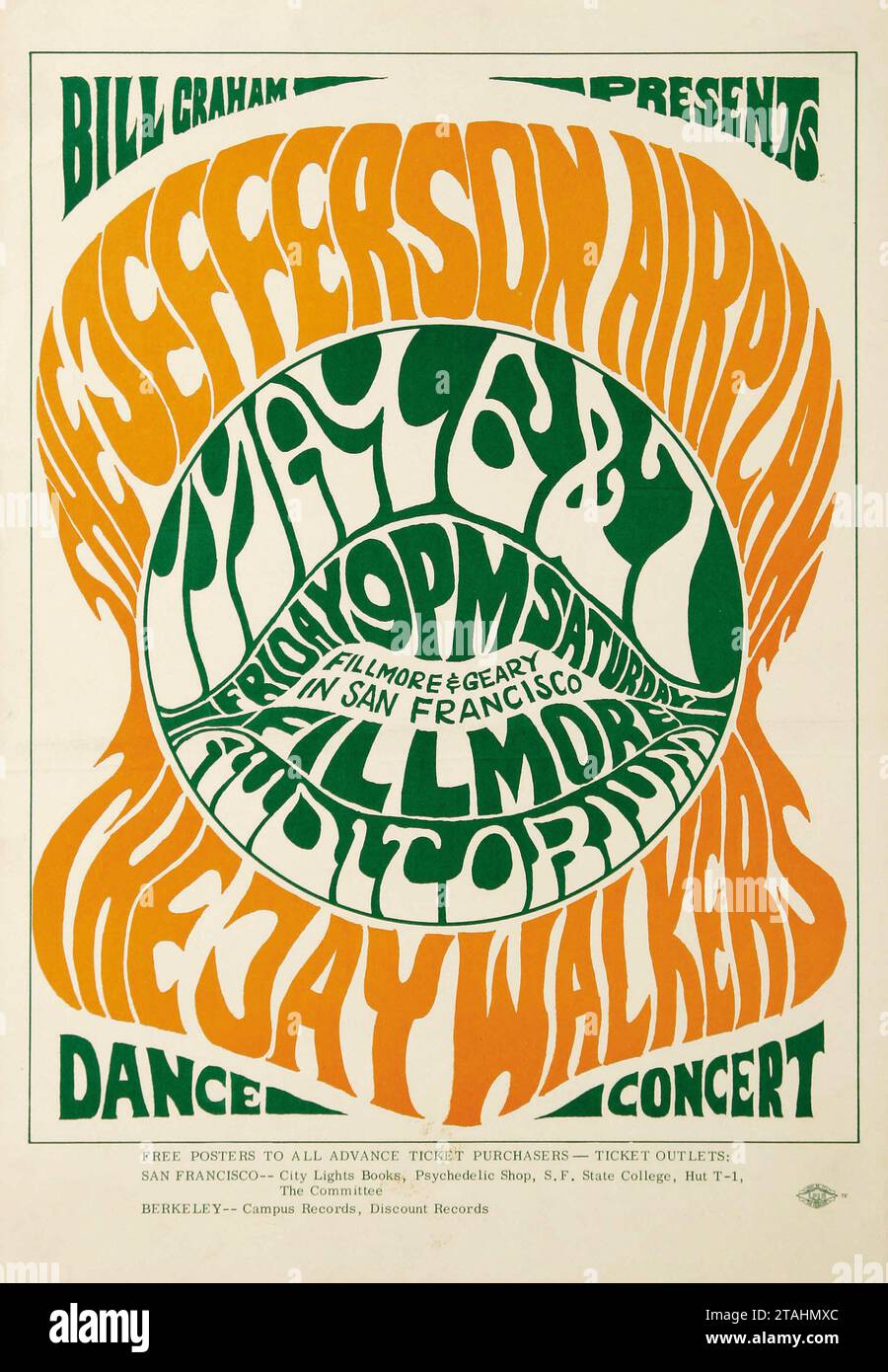 Jefferson Airplane Fillmore Auditorium Concert Poster feat the Jay Walkers, Dance Concert (Bill Graham Presents, Mai 6-7 1966) psychadelic Stockfoto