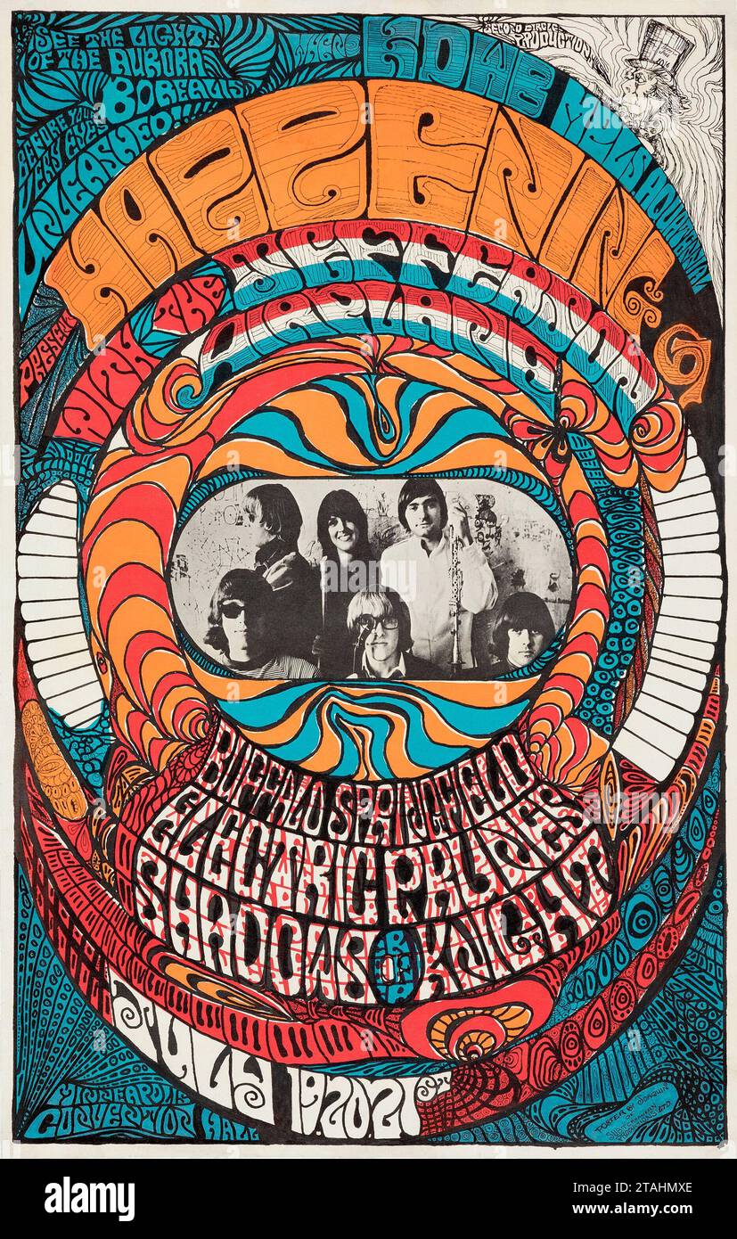 Jefferson Airplane, Buffalo Springfield 1967 Minneapolis, Minnesota Convention Hall – Vintage Psychadelic Concert Poster Stockfoto
