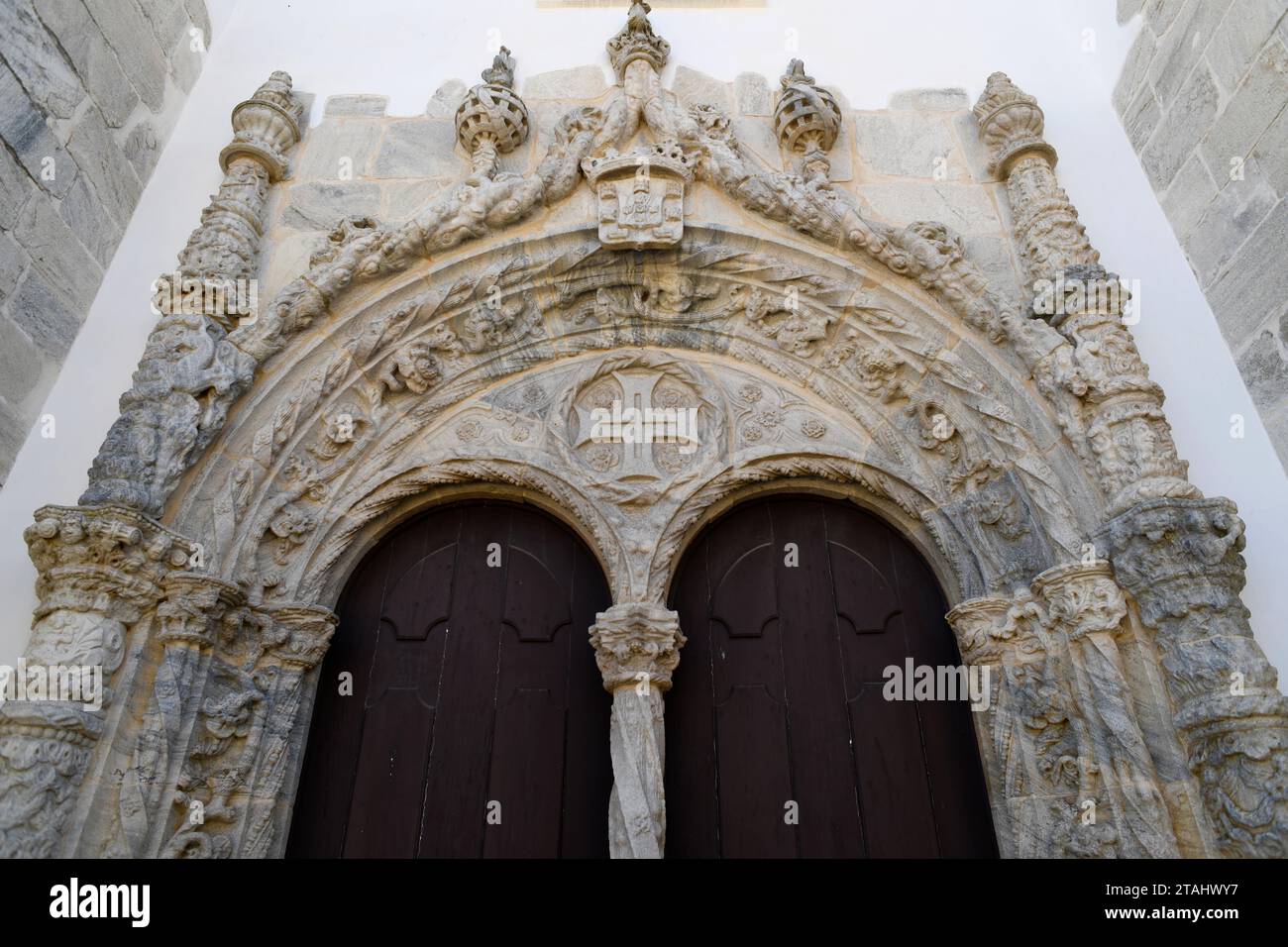 Viana do Alentejo, Igreja de Nossa Senhora da Anunciacao Portal (manueline-Stil). Evora, Alentejo, Portugal. Stockfoto