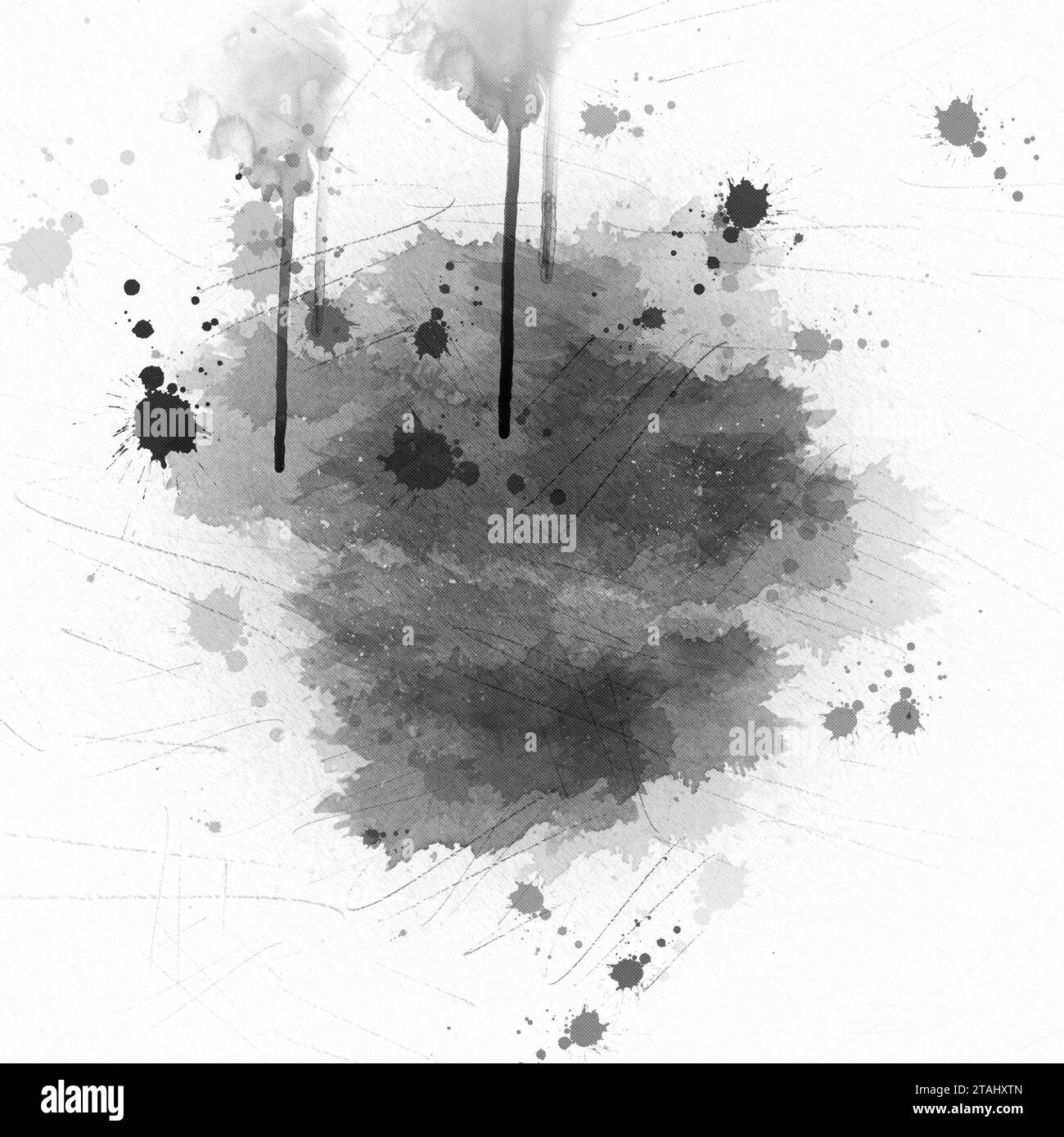 Abstraktes Schwarz in Spritzer, Farbe, Pinselstriche, Fleckengrunge isoliert auf weißem Hintergrund. Stockfoto