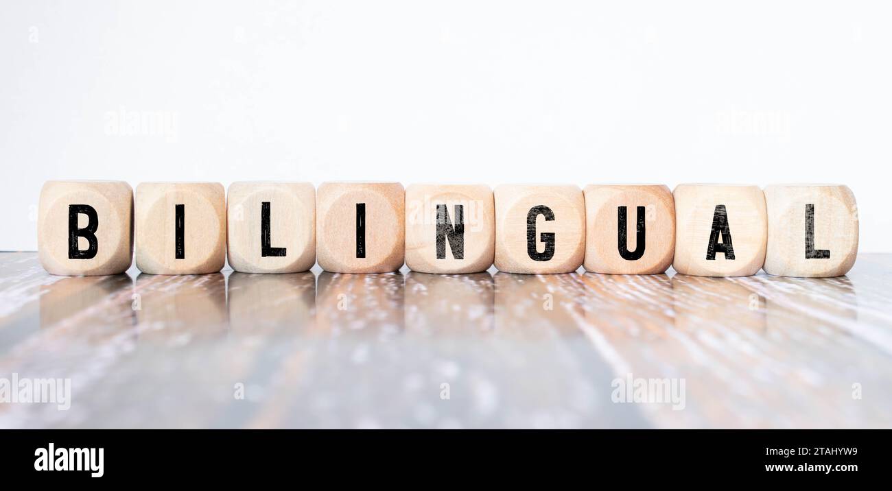 Zweisprachig. Lehrbücher, Schreibwaren und eine Holzstempel auf dem Tisch Stockfoto