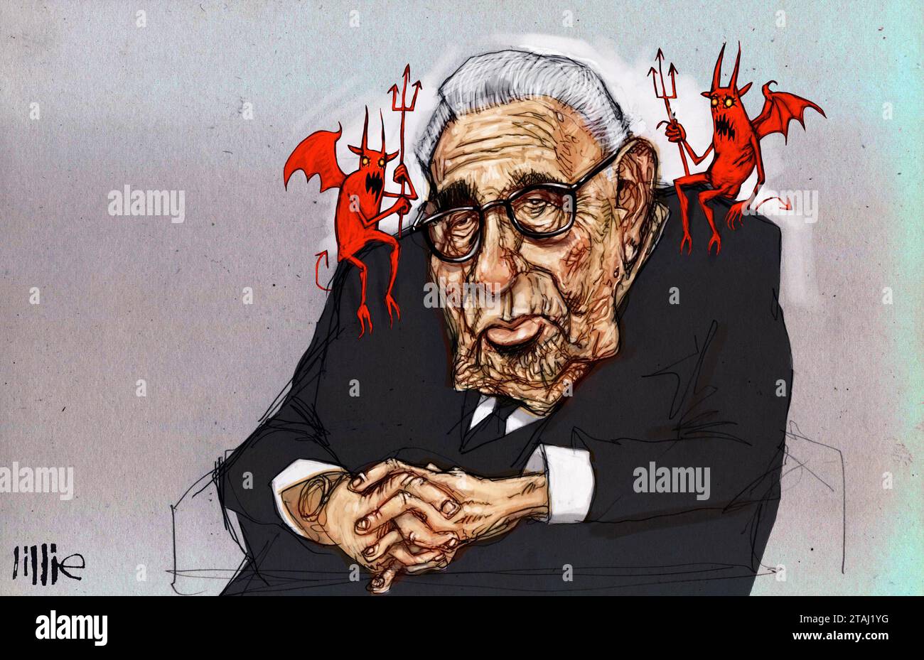 Karikatursatire Art, Henry Kissinger Amerikaner mit Schulterteufel auf beiden Schultern, US-Außenminister und nationaler Sicherheitsberater. Stockfoto