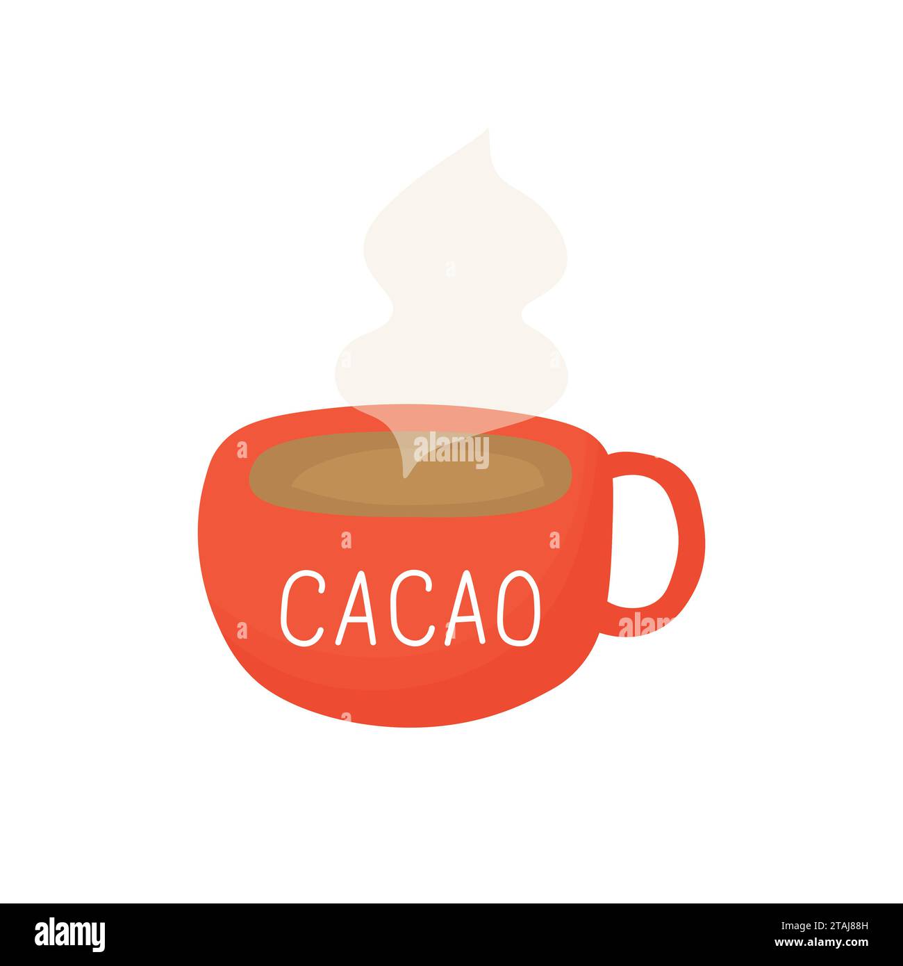 Heiße Kakaoblau-Illustration in rotem Becher mit Inschrift. Kaffee- oder Schokoladenbecher. Stock Vektor